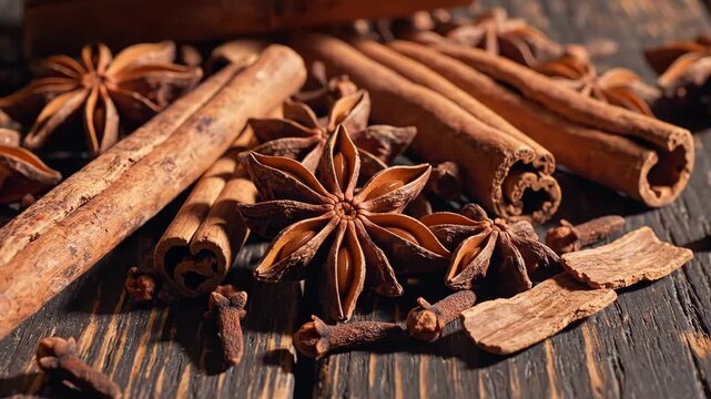 Exotic spices and cinnamon sticks arranged on rustic wood create a warm, inviting autumn atmosphere for seasonal cooking christmas cooking overhead