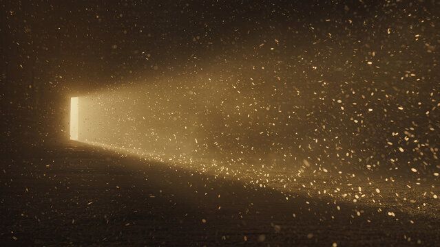 bright dust scene, cinematic shaft of luminous light cutting through dustladen interior with evocative mood