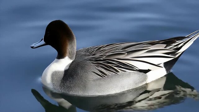 Elegant Pintail Duck Glides Gracefully on Calm Blue Water Surface.