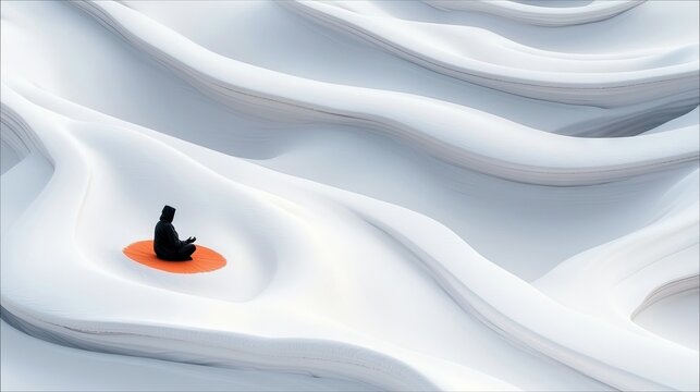 One person in a hooded black outfit meditating on an orange mat in a surreal, snowy landscape. The image evokes a sense of peace and solitude. - Powered by Adobe