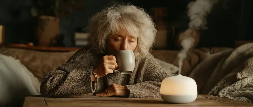 A white diffuser rests on a wooden table next to a mature woman who is lounging on a couch with a cup in her hand.