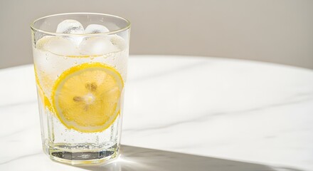 Sparkling water with fresh lemon slices and ice cubes on a white marble table for Dry January challenge concept and healthy detox