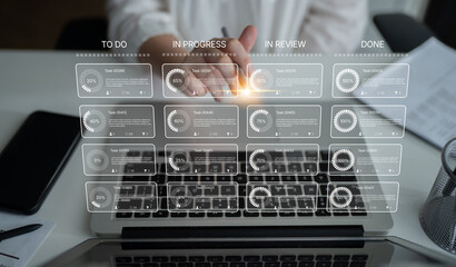 Task management tool dashboard showing kanban-style workflow with columns for to do, in progress, in review, and done, including task cards, progress, and team icons Latch