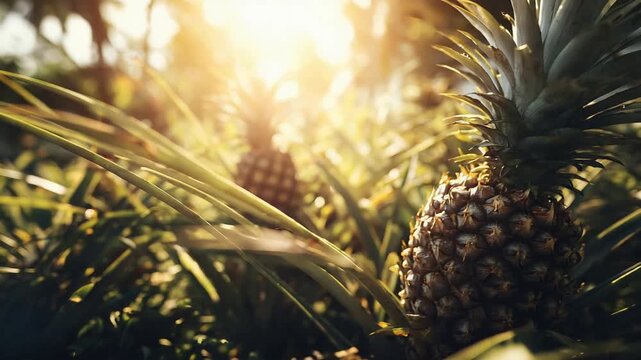 Sunlit Pineapple Field Harvest Under Golden Hour Light.
