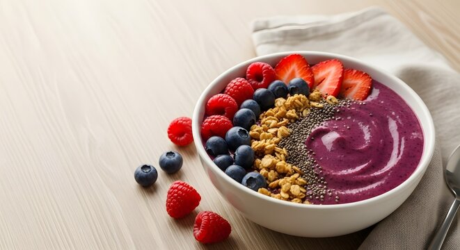 Vibrant berry smoothie bowl with fresh fruits and granola served on a light wooden table for healthy lifestyle concept and Dry January challenge