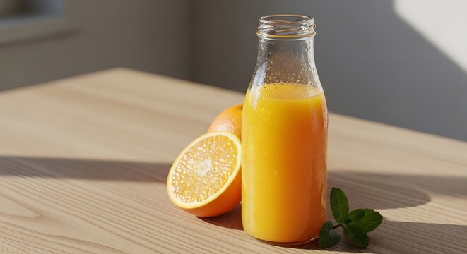 Fresh orange juice bottle with ripe citrus and mint on a wooden table, perfect for a healthy beverage concept and Dry January