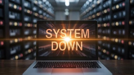 Urgent system failure alert on laptop screen against server room background demands immediate attention to critical data breach risks now