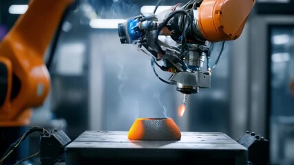 Robotic arm carefully cleans and examines a graphite crucible in a hightech automated foundry environment.