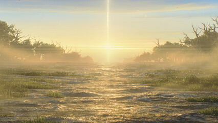 dewy dawn landscape, gentle dawn light reflects off dewcovered grass in quiet countryside setting
