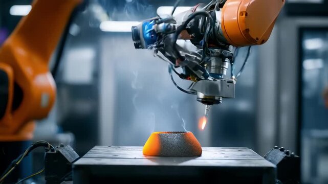 Robotic arm carefully cleans and examines a graphite crucible in a hightech automated foundry environment.