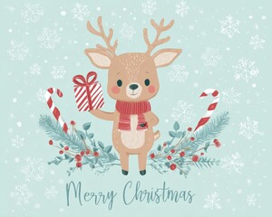 Fototapeta premium Cute reindeer holding gift with festive holiday decoration, winter scene featuring Christmas colors, seasonal illustration for greeting cards, seasonal decor, holiday spirit