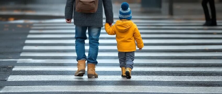 A parent crossing the street with a small child in their grasp at a pedestrian crossing