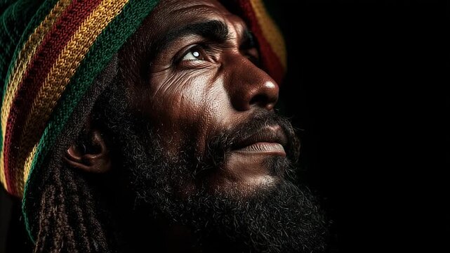 Portrait of contemplative man with dreadlocks looking up in dark studio setting