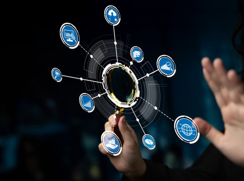 This captivating image illustrates the intersection of technology and research, featuring a magnifying glass and interconnected icons that symbolize data analysis and innovation. Crux