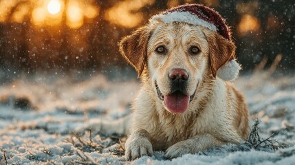 Adorable dog lying in snow during winter outdoor scene, furry pet with playful expression, natural light, seasonal landscape, joyful animal photography