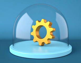 Gold gear icon inside a clear glass dome on a light-blue base