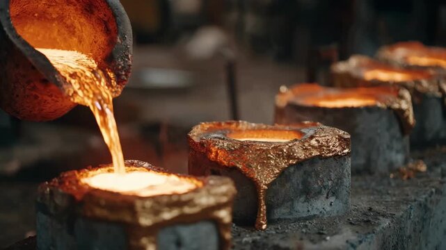 Medium shot of a small batch copper smelting process showcasing molten metal pouring steadily into molds in a traditional workshop setting