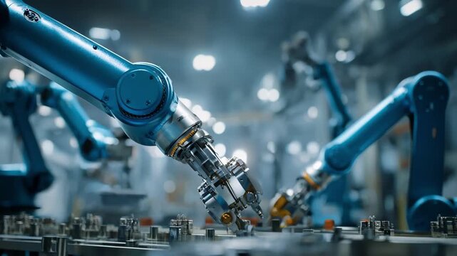 Medium shot of robotic arms adjusting production parameters based on AIdriven quality control insights for enhanced consistency and precision.