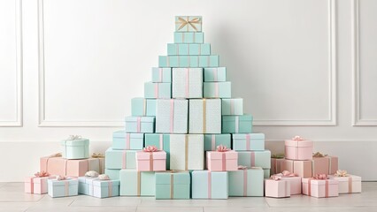 Creative pastel holiday setup with wrapped gift boxes arranged in a tree shape, placed in a bright, elegant white interior.