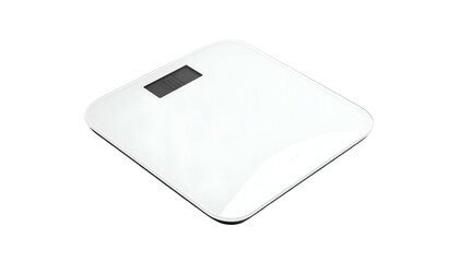 White, square bathroom scale with digital display on black background