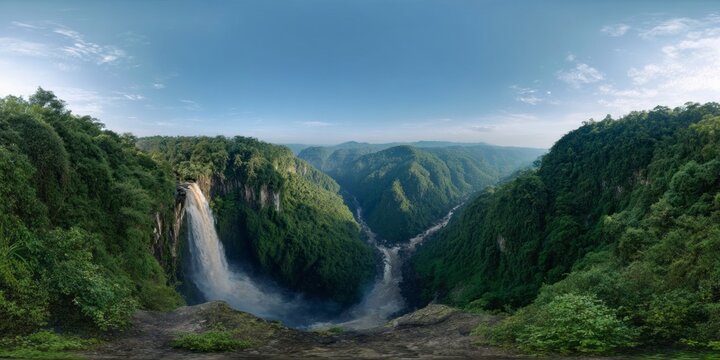 Stunning hdr panorama of waterfall in lush nature setting aerial view