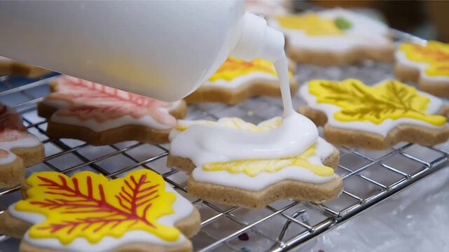 Autumn leaf shaped cookies being decorated with colorful icing by hand.
