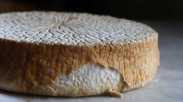 Close up macro view of a whole cheese wheel with textured rind and pattern.