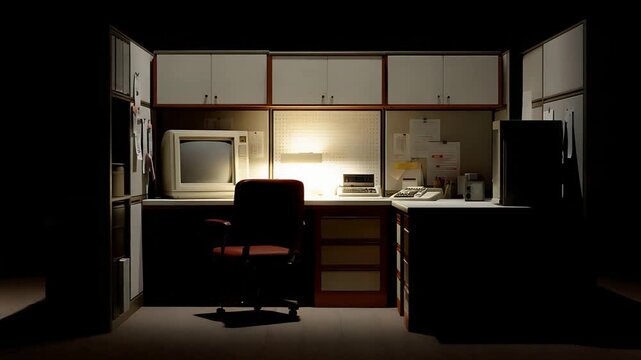 Vintage Computer Desk Setup in a Dimly Lit Office Workspace.