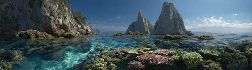 Fototapeta premium Vibrant coral reefs tropical ocean hdr panorama underwater environment scenic view