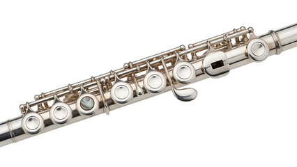 Fototapeta premium Close-up detail of a silver concert flute's keys and mechanism on a white background