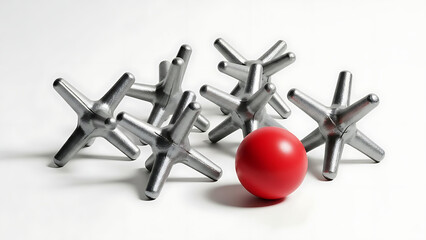 Classic children's toy game of jacks with a red ball on a clean white background