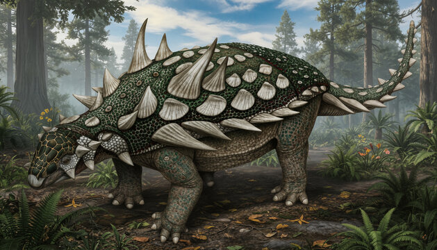 The armored ankylosaur Animantarx ramaljonesi in Late Cretaceous Utah walks in the woods