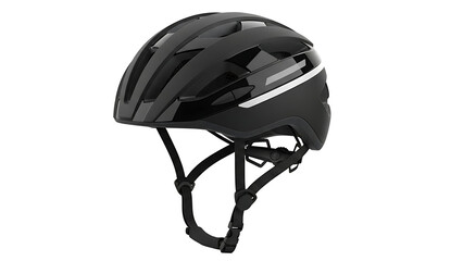 A modern black aerodynamic cycling helmet with adjustable straps on a white background