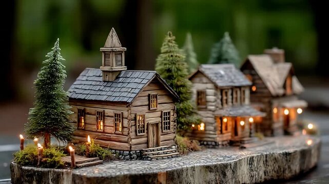 Enchanting Miniature Log Village with Cozy Lights in a Lush Forest Setting.