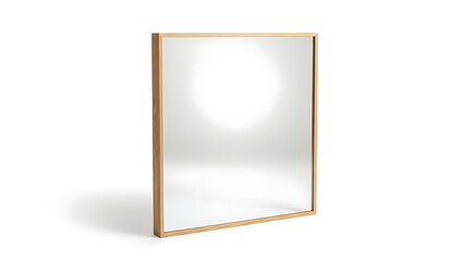 Minimalist rectangular wall mirror with a natural light wooden frame on white background