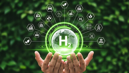 Hands cradle hydrogen energy globe, promising a sustainable future for the planet