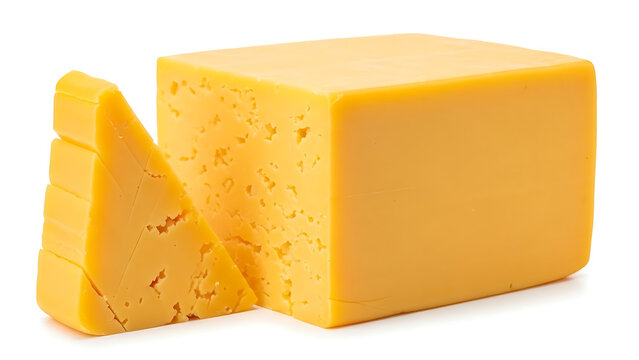 Fresh golden block of delicious dairy cheese with a separate sliced piece on white background