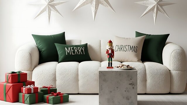 Festive living room showcasing christmas decorations with presents and cozy pillows creating a warm and inviting holiday atmosphere. - Powered by Adobe