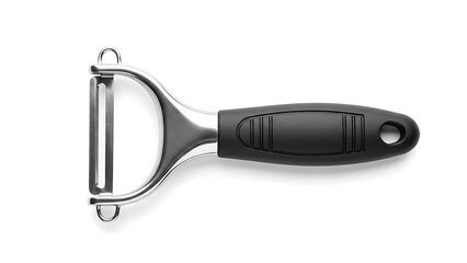 A stainless steel Y-shaped vegetable peeler with a black handle isolated on white