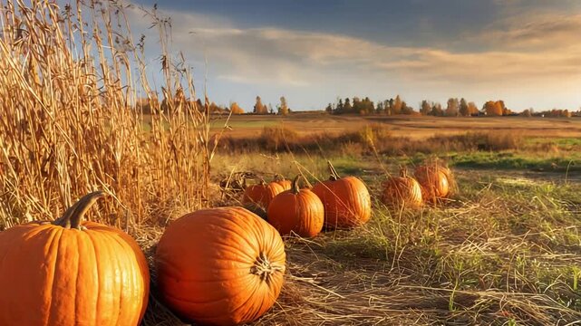 Vibrant Autumn Pumpkin Patch Under Golden Hour Sky, Rural Countryside Harvest.
