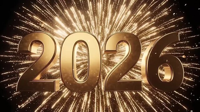 Celebrate 2026 with dazzling golden fireworks and shimmering light, perfect for New Year's Eve, holiday promotions, or futuristic themed celebrations