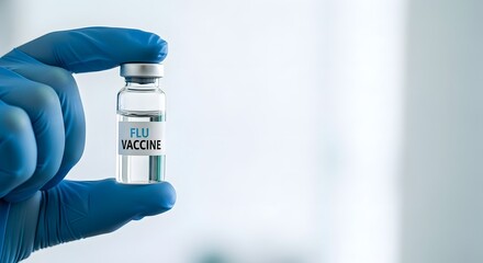 Gloved hand of a medical professional holding a flu vaccine vial for flu vaccination concept and public health awareness