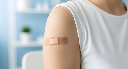 Close up of a person's upper arm with a small bandage after receiving a flu vaccination for health protection concept and disease prevention