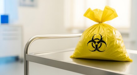 Bright yellow biohazard waste bag on a medical trolley representing safe disposal concept for flu vaccination waste and infection control