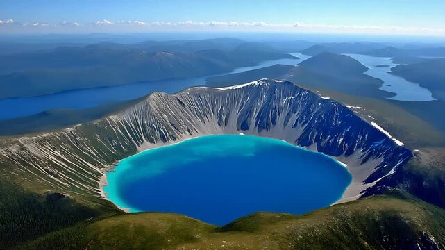 Stunning aerial view of a vibrant blue crater lake surrounded by majestic mountains.