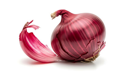 Red Onion with Skin Peeled Away on White Background, Natural Fresh Culinary Item