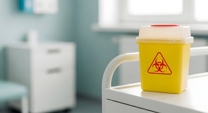 Yellow sharps disposal container with biohazard symbol on a medical cart in a clinic for safe flu vaccination waste concept and infection prevention