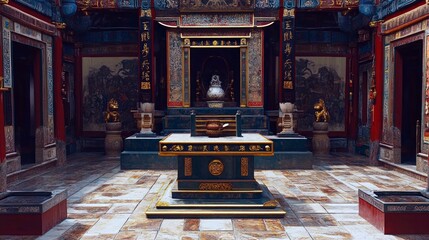An interior shot of a traditional Chinese temple, featuring ornate architecture, golden accents, and detailed artwork. The scene is rich in cultural heritage.