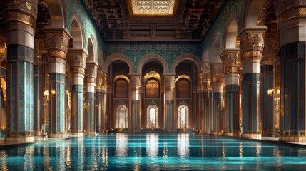 A grand interior of a palace featuring a reflecting pool, columns, arches, and intricate architectural details. The scene is bathed in dramatic lighting.