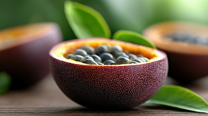Close-up of passion fruit halves with visible seeds and green leaves on a wooden surface, showcasing natural textures and colors.